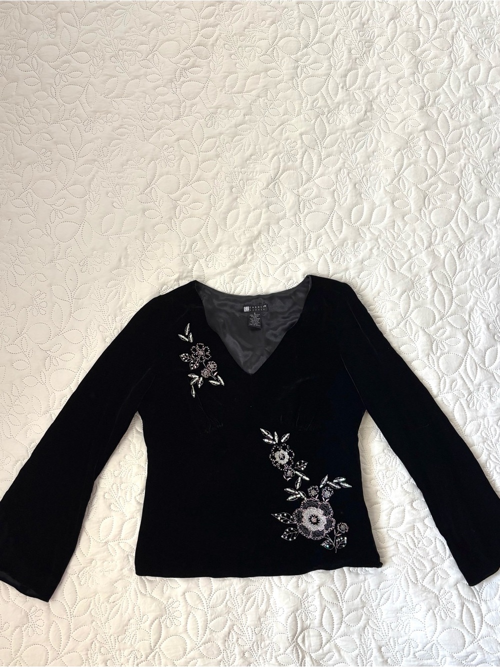 Carole Little Silk Velvet Beaded Floral Bell Sleeve Top Black Small